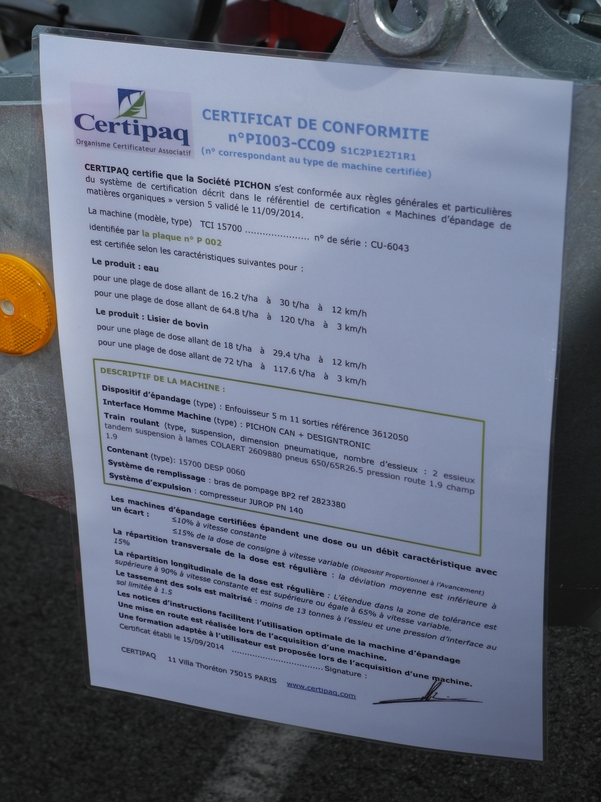Le certificat - ici pour Pichon - détaille le contenu de la certification. pichon 3
